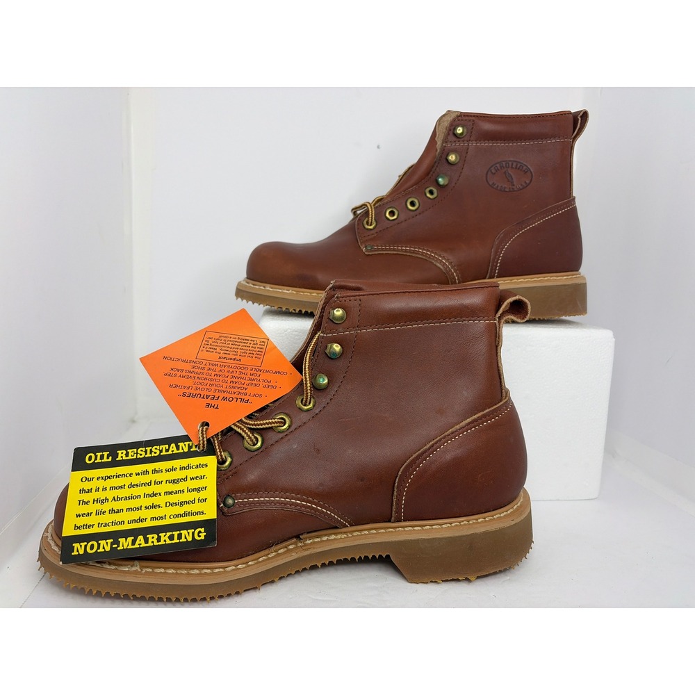 Vintage NWT Carolina 367 USA Made Brown Leather Work Boots 8.5 EE Deadstock NOS